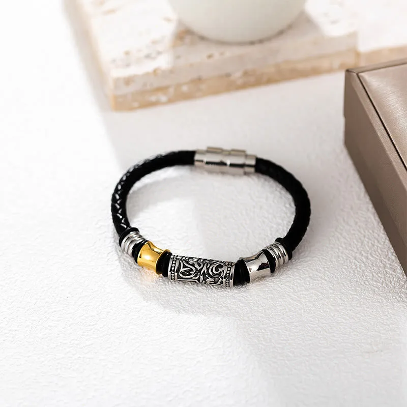 Mythstone Tang Dynasty Flower Design Luck Stainless Steel Buckle Leather Bracelet - Image 3