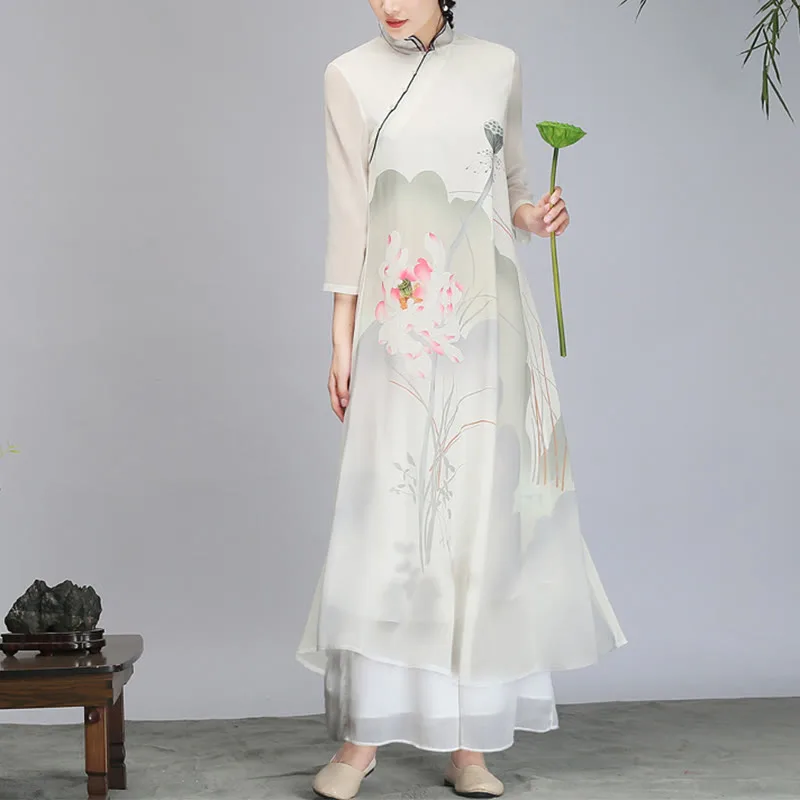 Mythstone Lotus Flower Pod Chiffon Cheongsam Midi Dress Meditation Zen Practice Clothing - Image 3