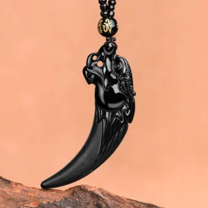 Mythstone Natural Black Jade Chinese Zodiac Dragon Tooth Pattern Protection Necklace Pendant