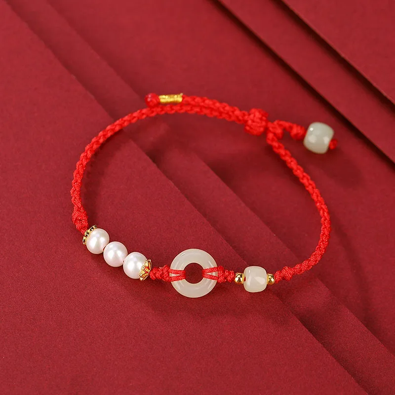 Mythstone 925 Sterling Silver Plated Gold Hetian Jade Peace Buckle Pearl Luck Bracelet - Image 2