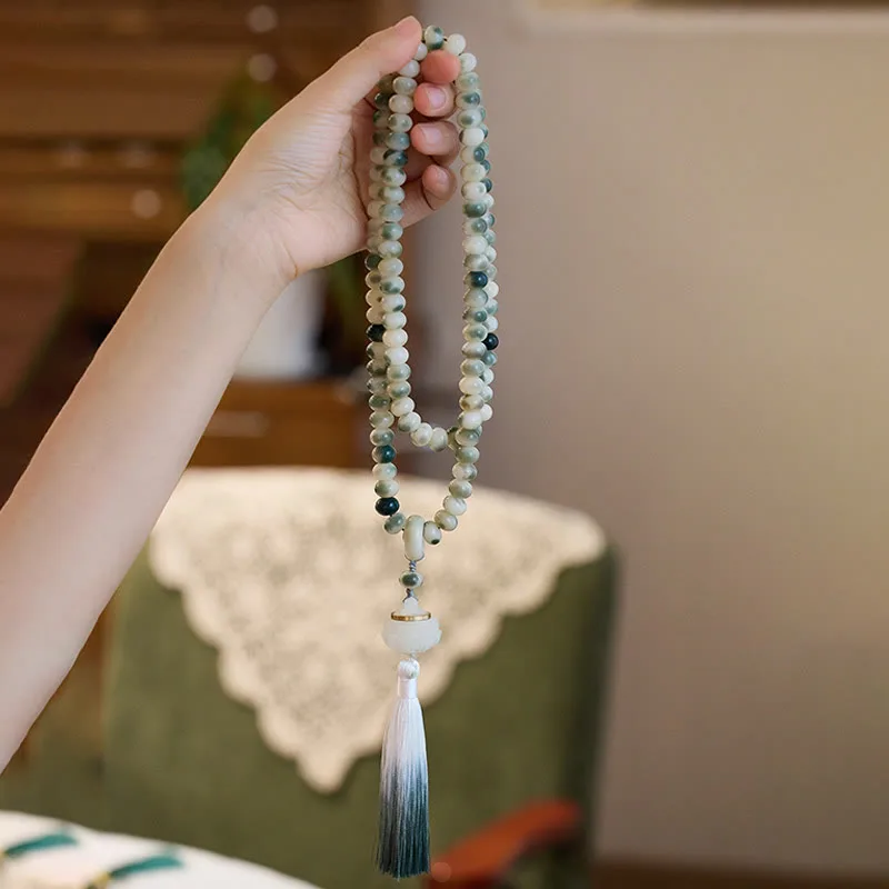 Mythstone Natural 108 Mala Beads Bodhi Seed Lotus Engraved Wisdom Tassel Bracelet - Image 7