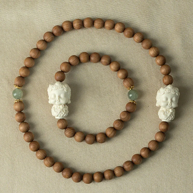 Mythstone Sandalwood Hetian Jade Ivory Fruit Green Tara Protection Bracelet - Image 5