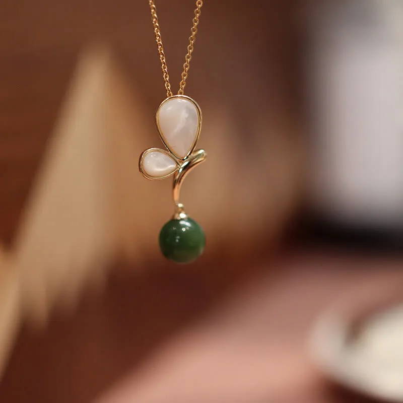 Mythstone Natural Butterfly Tridacna Stone Cyan Jade Copper Plated Gold Calm Necklace Pendant Ring Earrings Set - Image 3