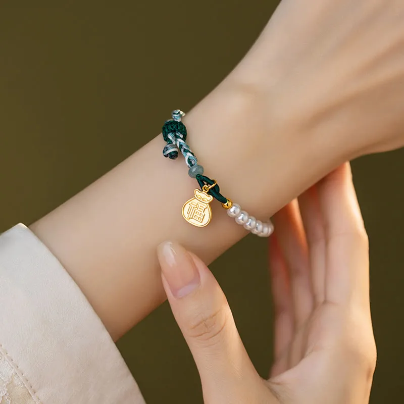 Mythstone 925 Sterling Silver Fu Character Lucky Bag Pearl Hetian Jade Wisdom Rope Bracelet - Image 10