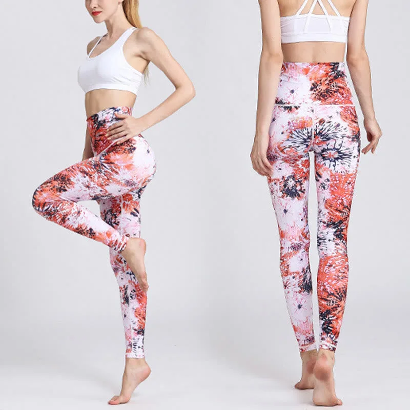 Mythstone Red Pink Flowers Print Sports Fitness Yoga High Waist Leggings Women's Yoga Pants - Image 4
