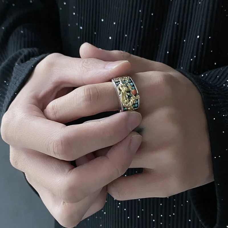 Mythstone 925 Sterling Silver Turquoise Red Agate PiXiu Abacus Protection Ring - Image 3