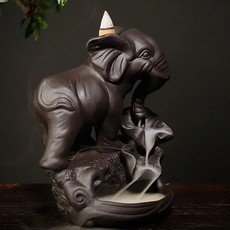 Mythstone Tibetan Elephant Purple Clay Backflow Smoke Fountain Peace Healing Incense Burner Decoration - Image 4