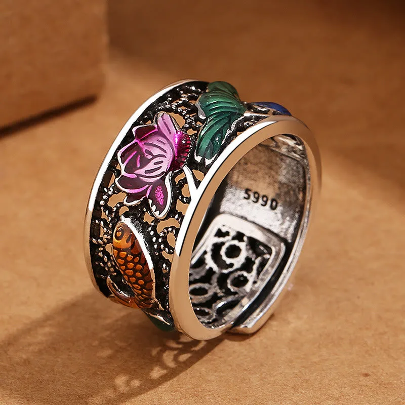 Mythstone - Copper Blue Enamel Lotus Heart Sutra Koi Fish Luck Ring - Image 3