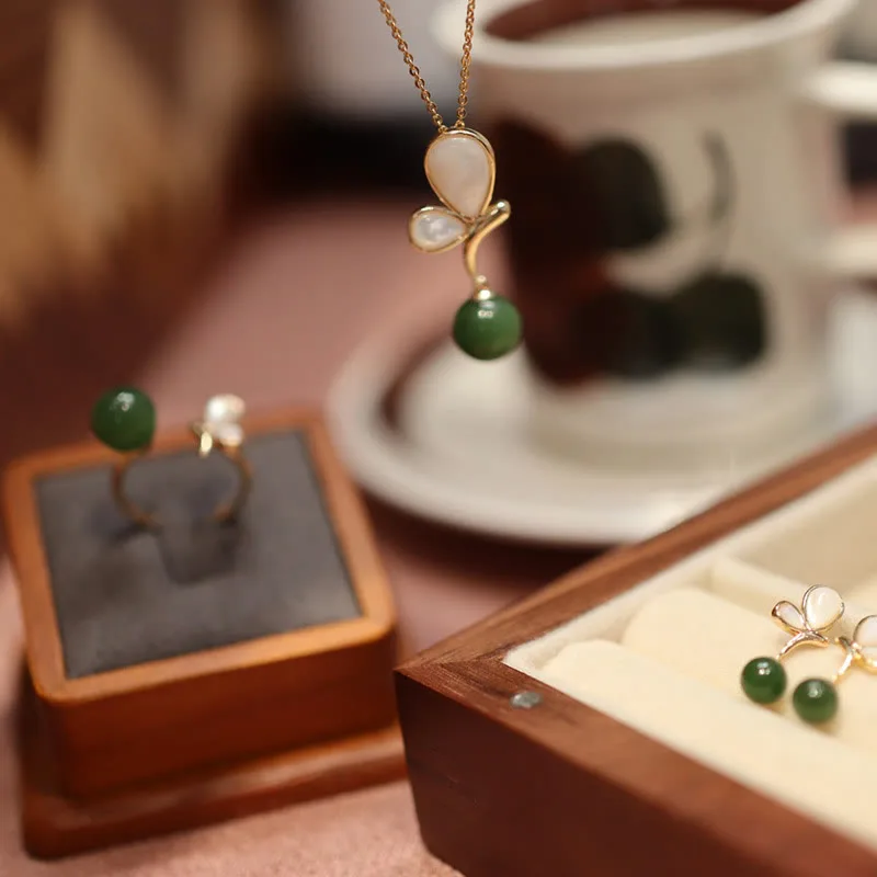 Mythstone Natural Butterfly Tridacna Stone Cyan Jade Copper Plated Gold Calm Necklace Pendant Ring Earrings Set - Image 2