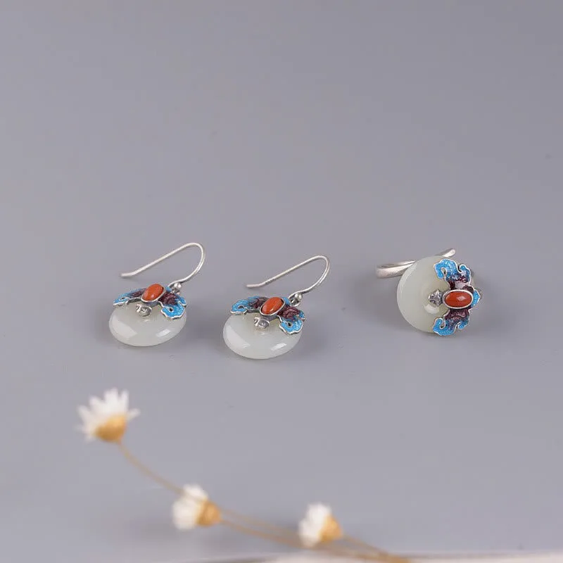 Mythstone 925 Sterling Silver Hetian Jade Red Agate Bat Prosperity Ring Earrings Set - Image 13