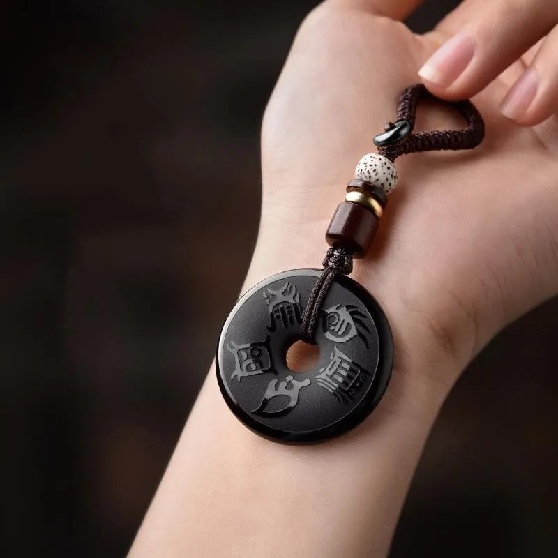 Mythstone Black Obsidian Taoism Five Sacred Mountains Carved Strength Peace Buckle Necklace Pendant Key Chain Phone Hanging Decoration - Image 7