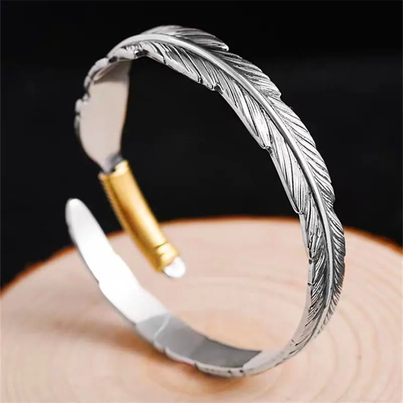 Mythstone Feather Pattern Engraved Luck Cuff Bracelet Bangle - Image 2