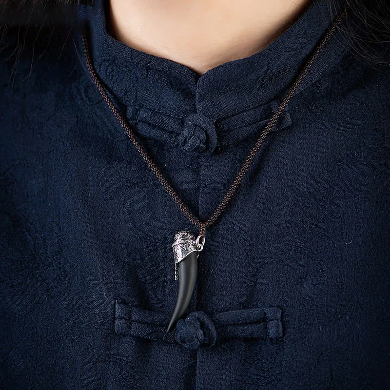 Mythstone 925 Sterling Silver Black Obsidian Wolf Tooth Pattern Strength Necklace Pendant - Image 13