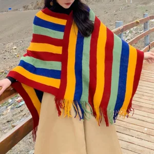 Mythstone Tibetan Colorful Striped Design Shawl Tassels Pullover Winter Cozy Travel Scarf Wrap
