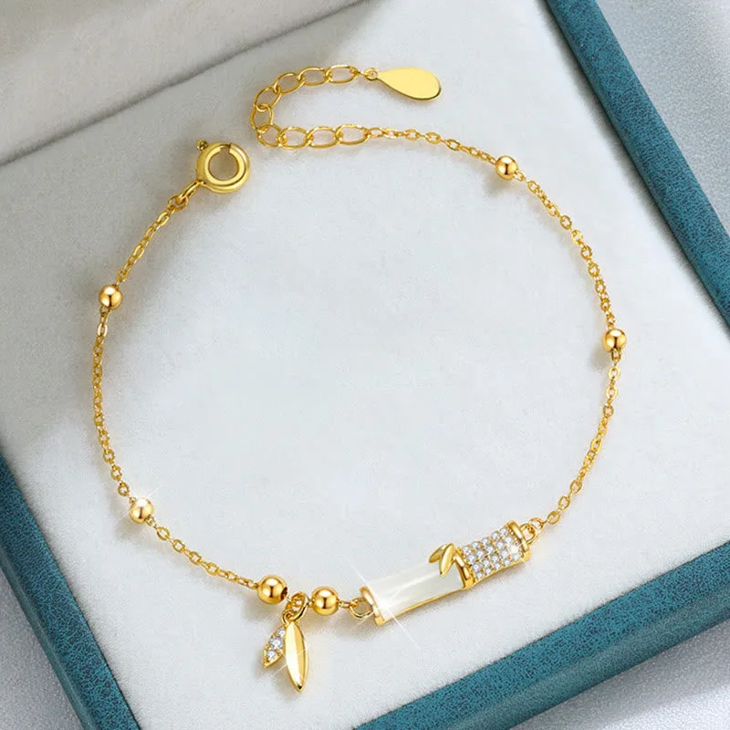 Mythstone 925 Sterling Silver 18K Gold Plated White Jade Bamboo Zircon Leaf Luck Bracelet - Image 2