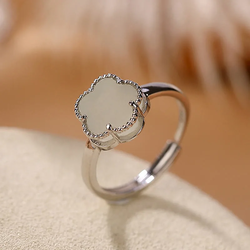 Mythstone 925 Sterling Silver Plated Gold Natural Hetian Jade Flower Luck Necklace Pendant Ring Set - Image 8