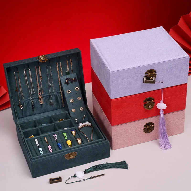 Mythstone Simple Design Jewelry Box Organizer Two-Layer Jewelry Storage Box Flannel Box With Lock - Image 2