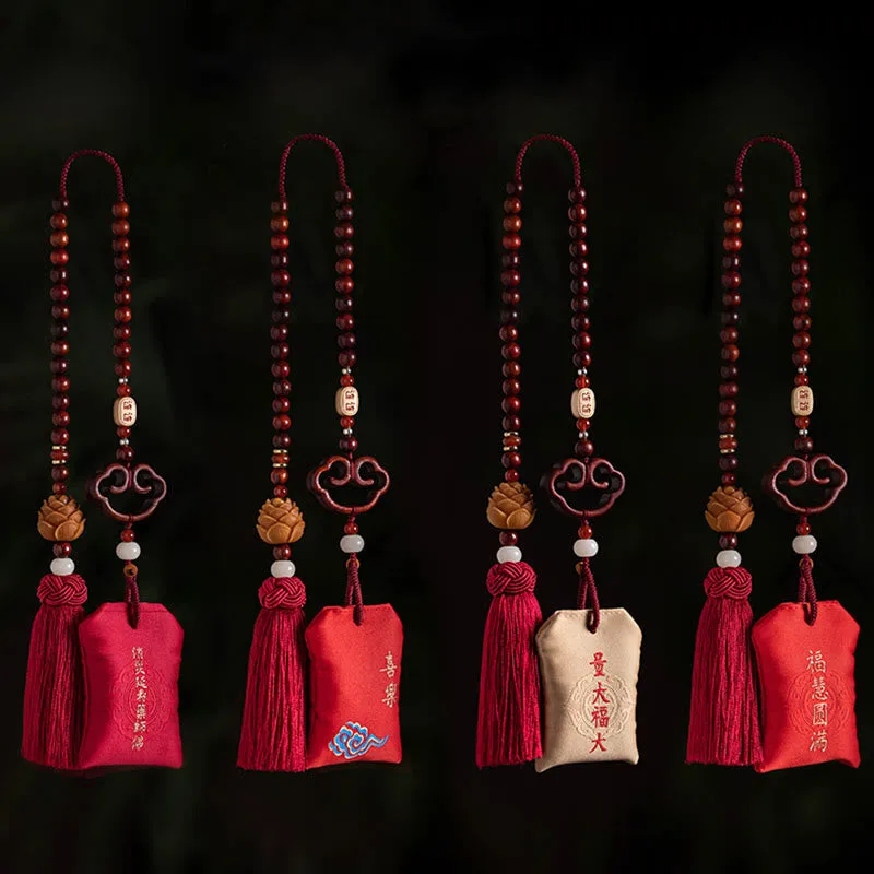 Mythstone Tibetan Small Leaf Red Sandalwood Lotus Cinnabar Sachet Protection Tassel Car Hanging Decoration - Image 18