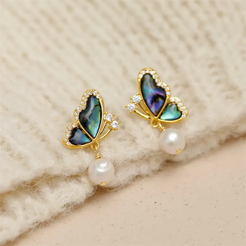 Mythstone 18K Gold Plated Copper Pearl Butterfly Love Stud Earrings - Image 2