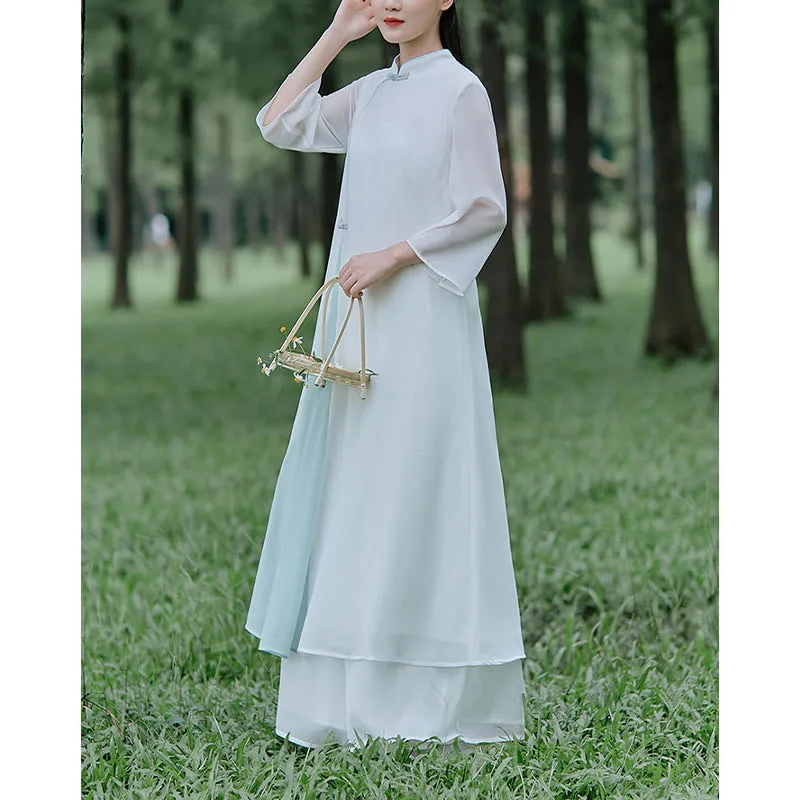 Mythstone Three Quarter Sleeve Chiffon Cheongsam Midi Dress Wide Leg Pants Meditation Zen Practice Clothing - Image 10