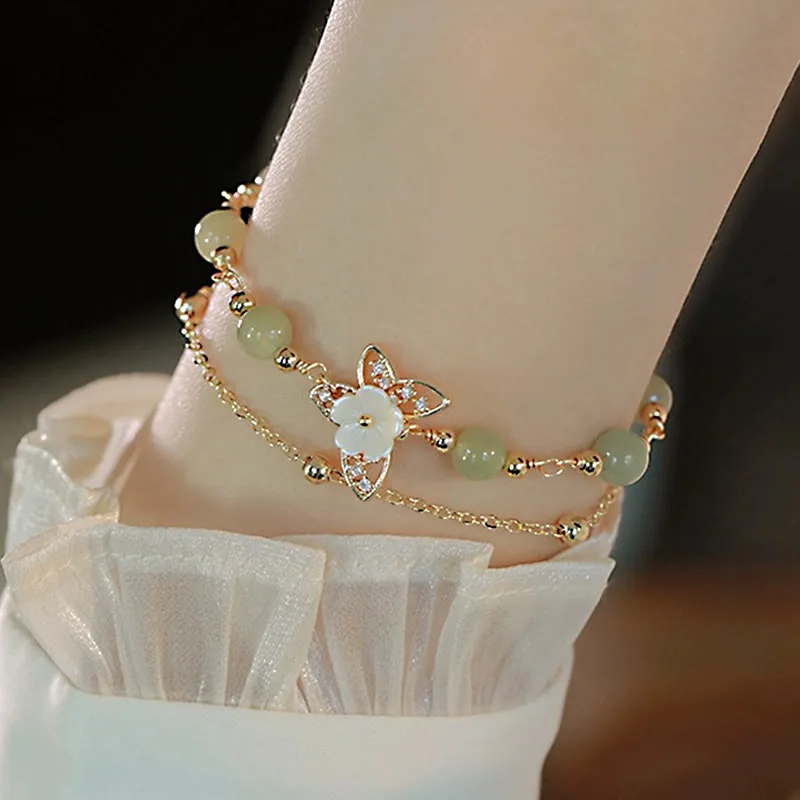 MythStone 14K Gold Plated Jade Butterfly Tridacna Stone Flower Double Layer Luck Bracelet - Image 6
