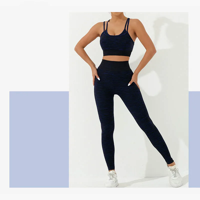 Mythstone 2Pcs Simple Print Crop Tank Bra Long Sleeve Top Leggings Pants Sports Outfits Women's Yoga Sets - Image 14