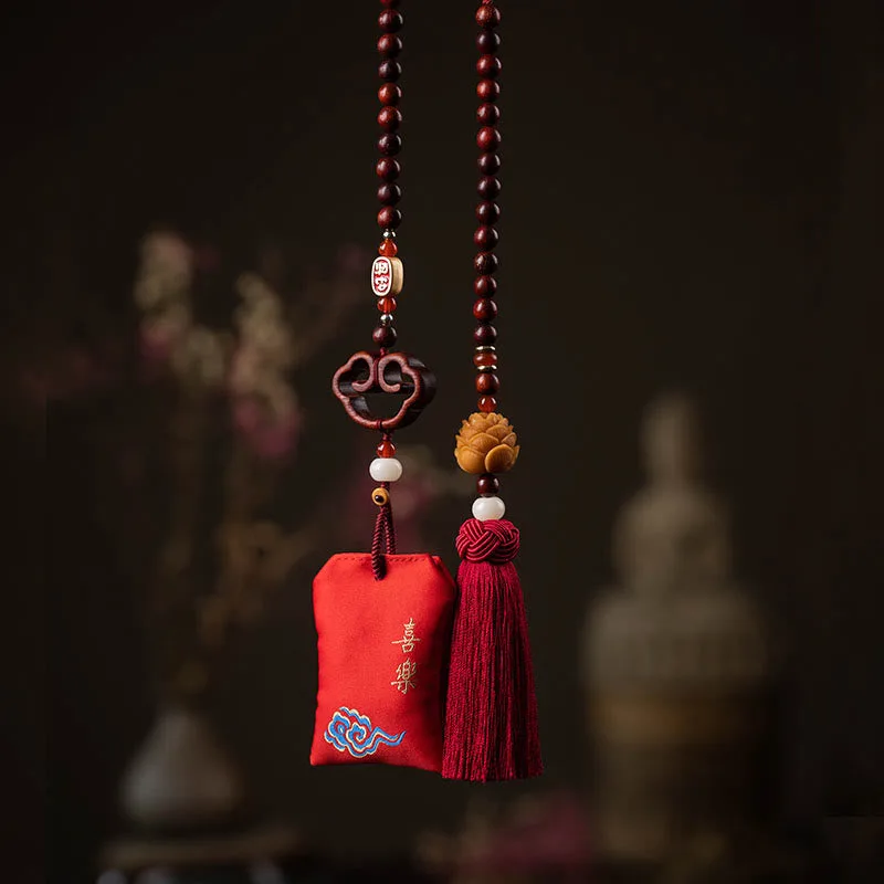 Mythstone Tibetan Small Leaf Red Sandalwood Lotus Cinnabar Sachet Protection Tassel Car Hanging Decoration - Image 2