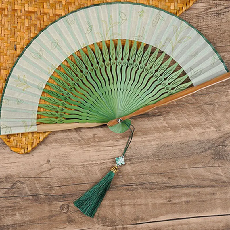 Mythstone Green Leaves Handheld Silk Bamboo Folding Fan - Image 2
