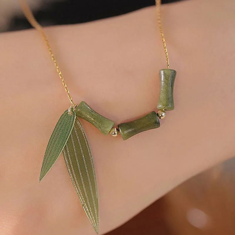 Mythstone Bamboo Leaf Jade Design Wealth Necklace Pendant - Image 4