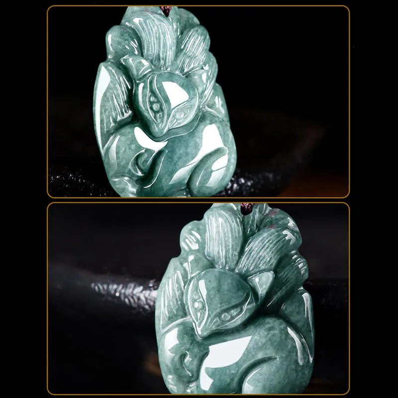 Mythstone Natural Green Jade Nine-Tailed Fox Engraved Prosperity Necklace Pendant - Image 10