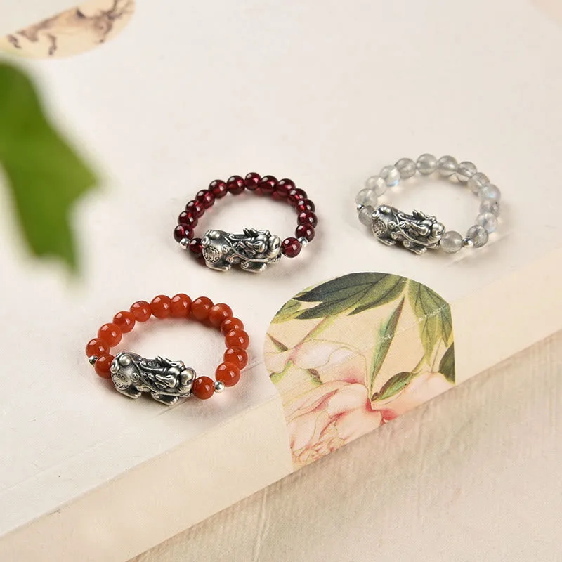 Mythstone 925 Sterling Silver Natural Garnet Moonstone Red Agate PiXiu Wealth Ring - Image 2