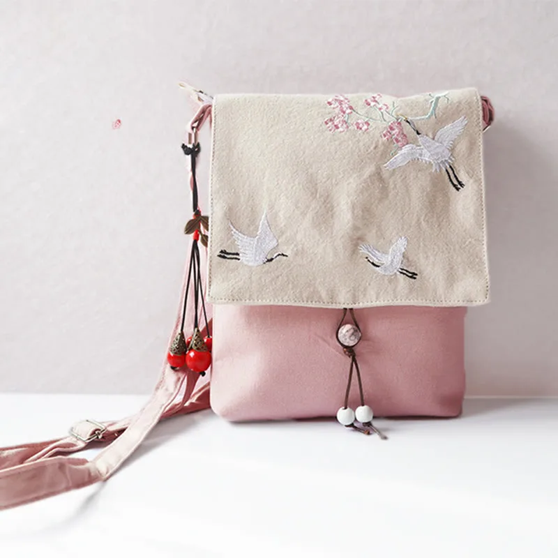 Mythstone Handmade Embroidered Plum Flowers Canvas Crossbody Bag Shoulder Bag Handbag - Image 11