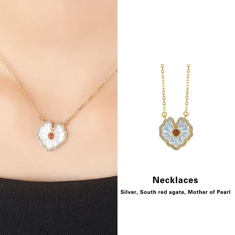 Mythstone 925 Sterling Silver Love Heart Tridacna Stone Red Agate Lazurite Blessing Earrings Necklace Jewelry Set - Image 4