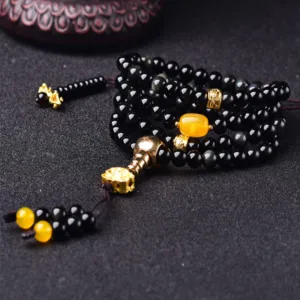 Mythstone 108 Beads Natural Black Obsidian Lotus Mala Bracelet for Fulfillment