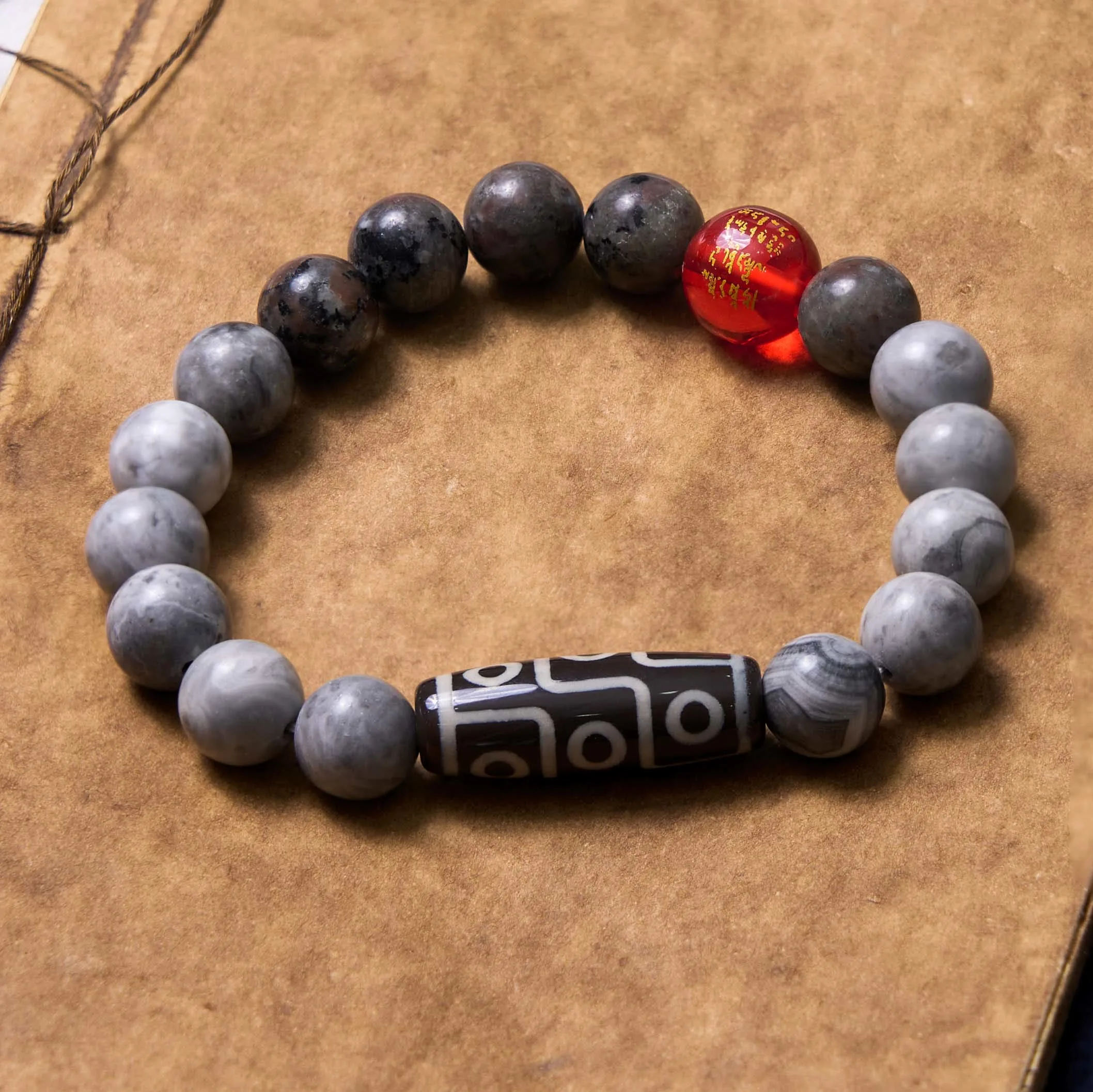 Mythstone Tibetan Nine-Eye Dzi Bead Picasso Jasper Positive Bracelet - Image 4