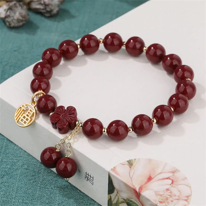 Mythstone Cinnabar Fu Character Cherry Blossom Blessing Bracelet - Image 2