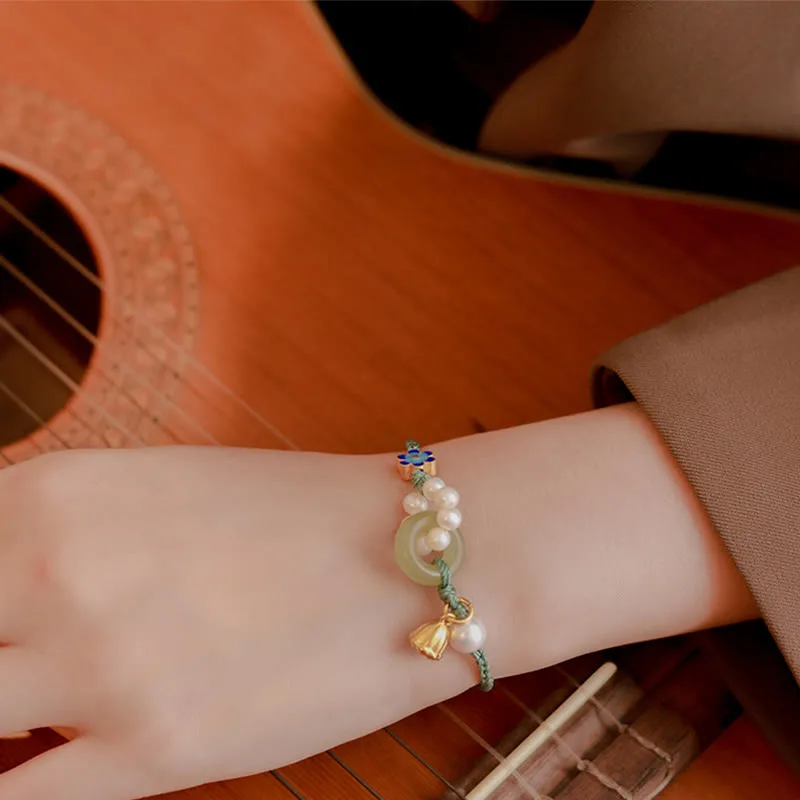 Mythstone Natural Hetian Jade Peace Buckle Pearl Luck Handcrafted Braided Bracelet - Image 11