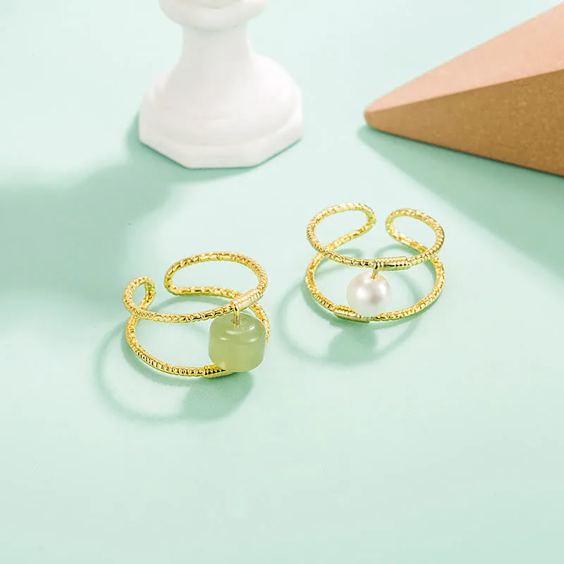 Mythstone Round Jade Pearl Bead Double Layer Copper Luck Adjustable Ring - Image 13