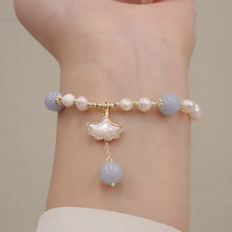Mythstone Natural Aquamarine Pearl Healing Ginkgo Leaf Butterfly Charm Bracelet - Image 7