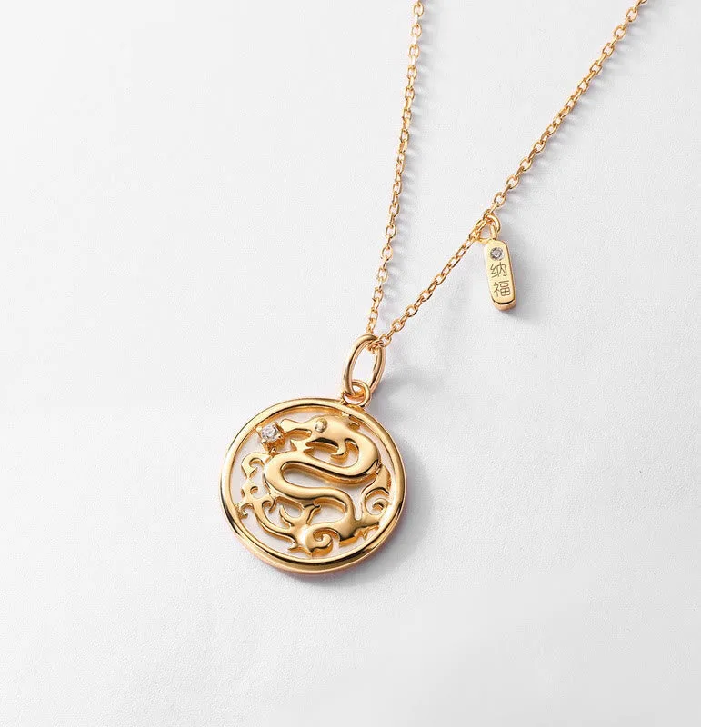 MythStone 925 Sterling Silver Tridacna Stone Year of the Dragon Fu Character Luck Strength Necklace Pendant - Image 3