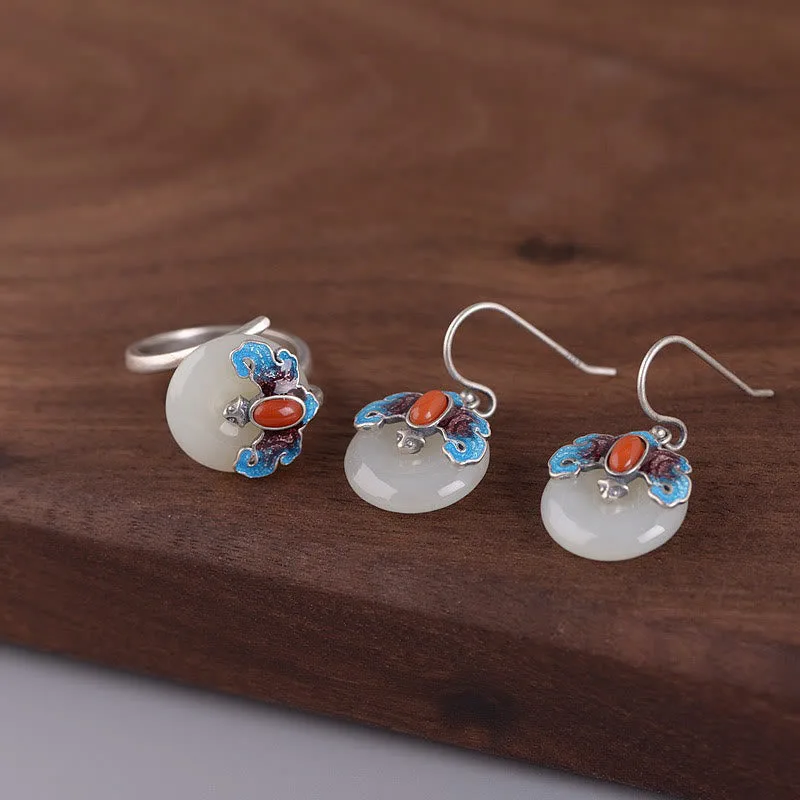 Mythstone 925 Sterling Silver Hetian Jade Red Agate Bat Prosperity Ring Earrings Set - Image 11