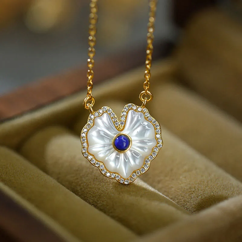 Mythstone 925 Sterling Silver Love Heart Tridacna Stone Red Agate Lazurite Blessing Earrings Necklace Jewelry Set - Image 5