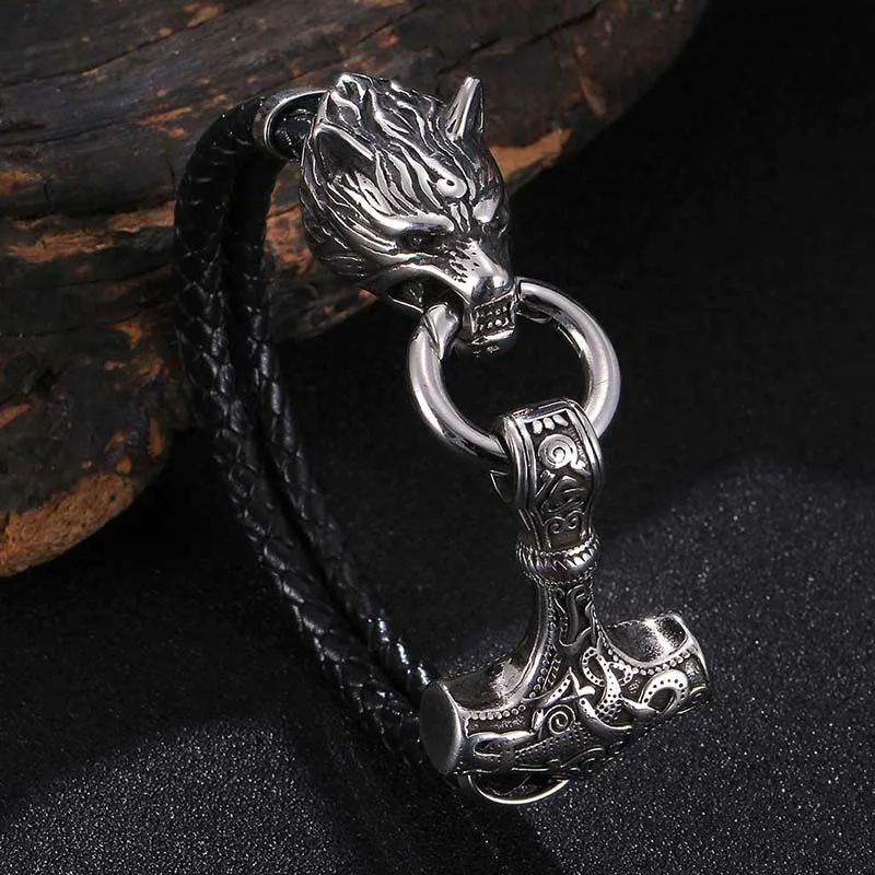 Mythstone Wolf Head Titanium Steel Leather Weave Blessing Bracelet - Image 2