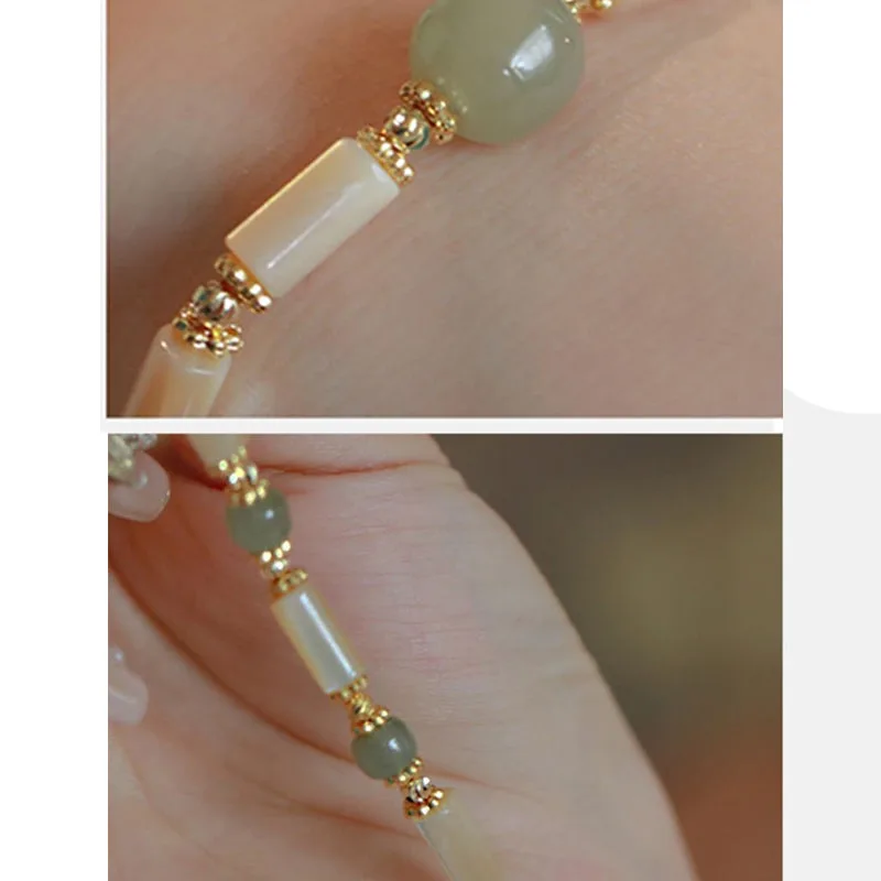 Mythstone 14K Gold Plated Tridacna Stone Hetian Jade Bead Bamboo Pattern Bracelet - Image 6