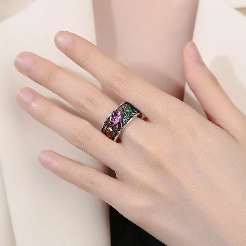 Mythstone - Copper Blue Enamel Lotus Heart Sutra Koi Fish Luck Ring - Image 17