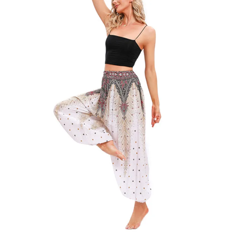 Mythstone Peacock Feather Pattern Loose Harem Trousers Women's Yoga Pants - Image 3