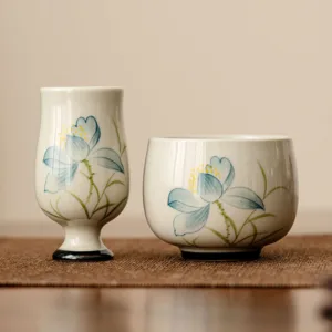 Mythstone Hand Painted Lotus Flower Ceramic Teacup Kung Fu Tea Cup