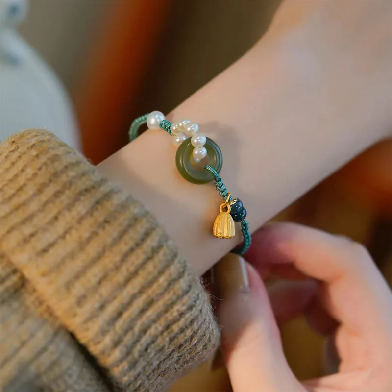 Mythstone Natural Hetian Jade Peace Buckle Pearl Luck Handcrafted Braided Bracelet - Image 6