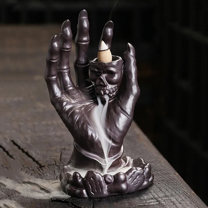 Mythstone Halloween Ghost Hand Skull Head Ceramic Peace Healing Incense Burner Decoration - Image 2
