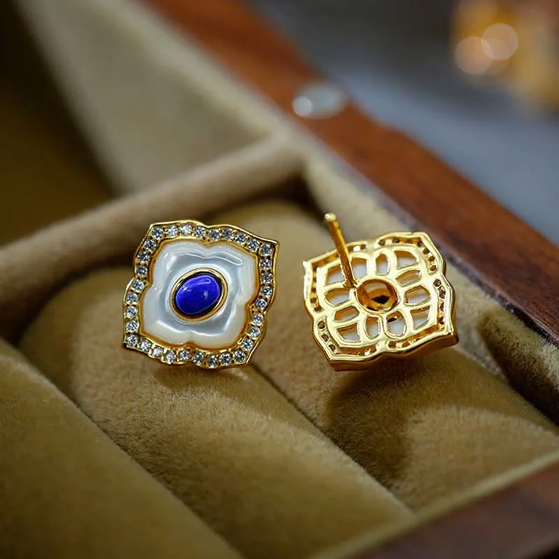 Mythstone 925 Sterling Silver Tridacna Stone Lazurite Prismatic Design Blessing Earrings Necklace Pendant Jewelry Set - Image 9